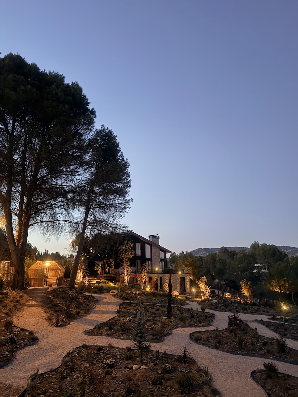 Terraza de piedra geométrica con parterres minimalistas y gramíneas bajas bajo luz difusa