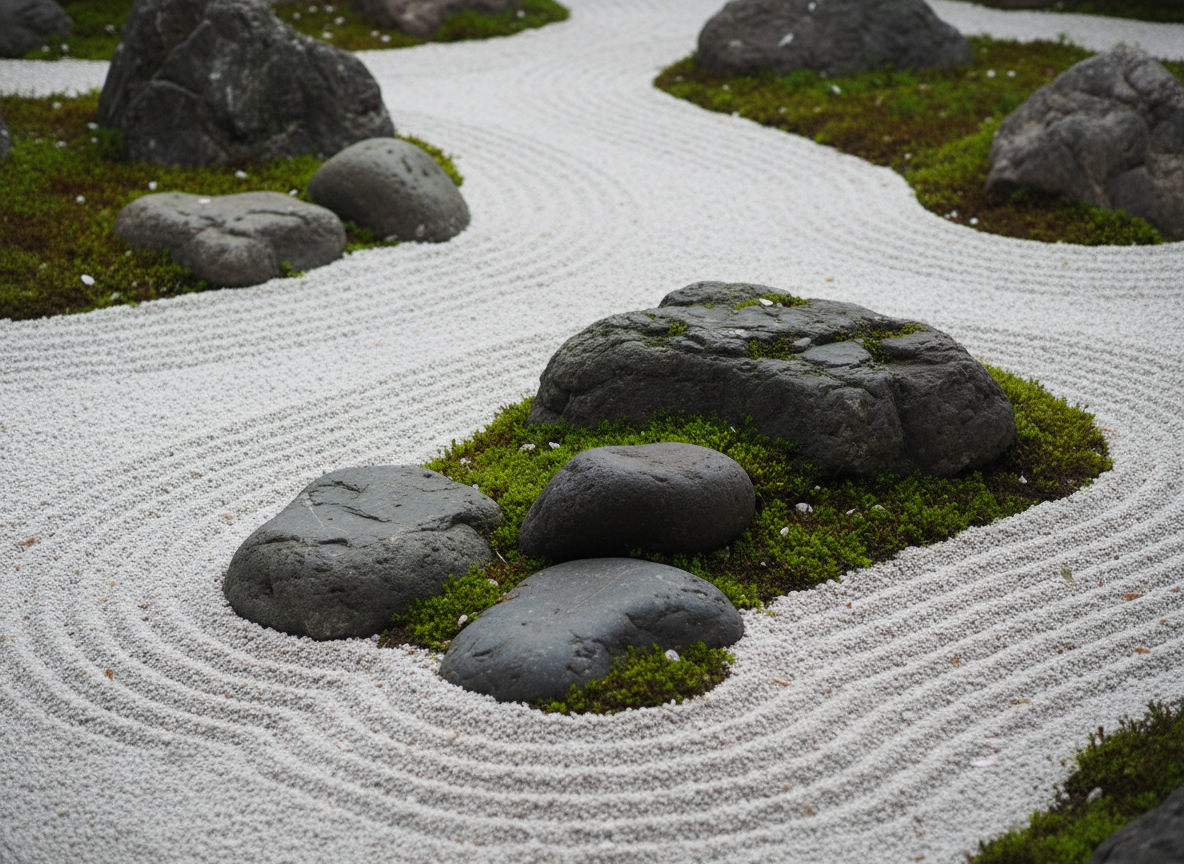 Jardin de grava rastrillada con piedras y musgo