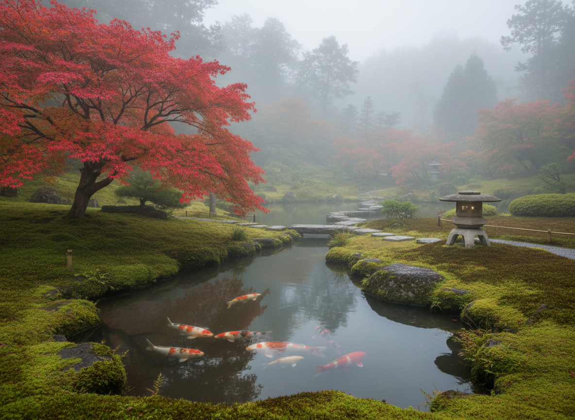 Jardin japones con estanque de koi, arce rojo y linterna de piedra